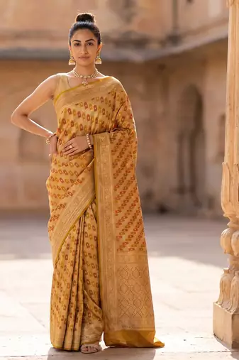 Mustard satin woven saree with blouse