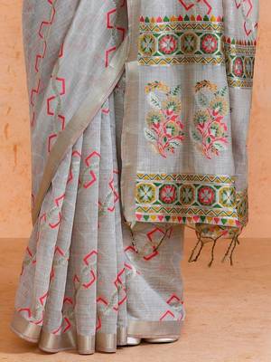 Grey woven design muga sarees with blouse piece 5