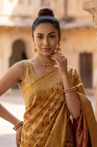 Mustard satin woven saree with blouse