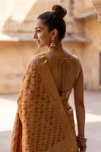 Mustard satin woven saree with blouse