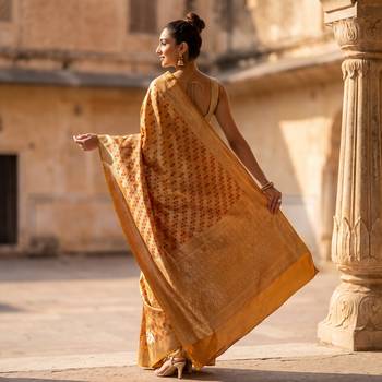 Mustard satin woven saree with blouse 4