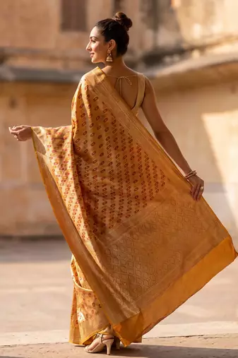 Mustard satin woven saree with blouse