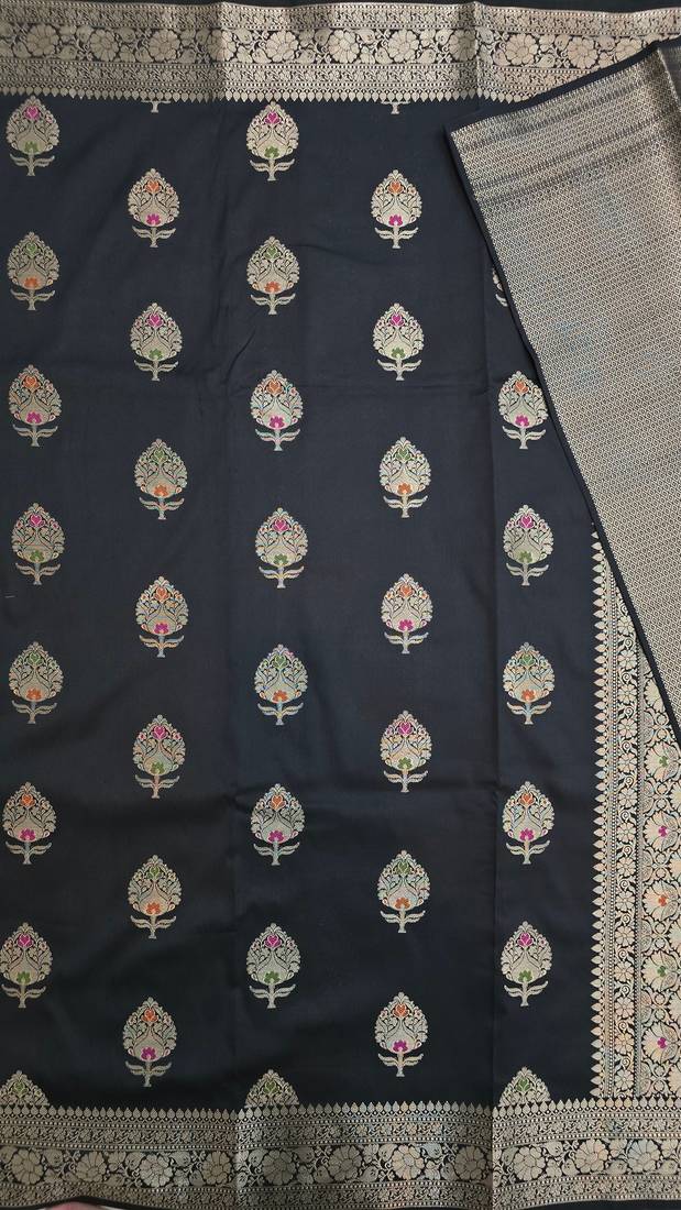 Black katan silk woven saree with blouse