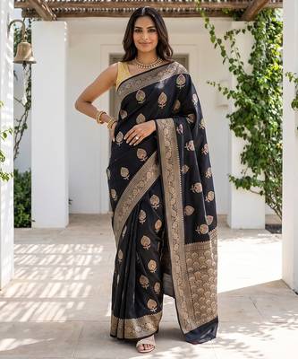 Black katan silk woven saree with blouse 4