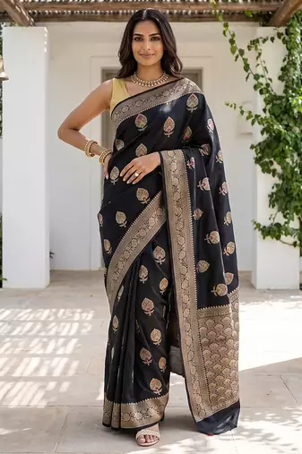 Black katan silk woven saree with blouse