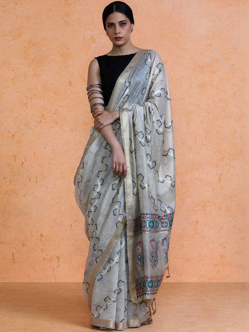 Grey woven design muga sarees with blouse piece