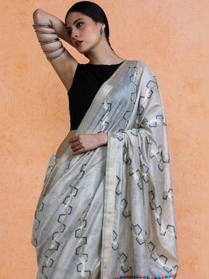 Grey woven design muga sarees with blouse piece 2