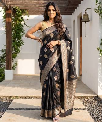 Black katan silk woven saree with blouse 1