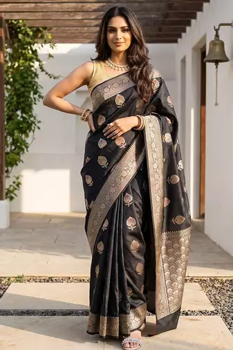 Black katan silk woven saree with blouse