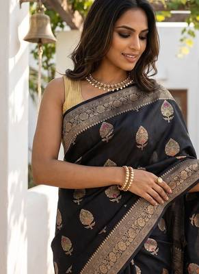 Black katan silk woven saree with blouse 5