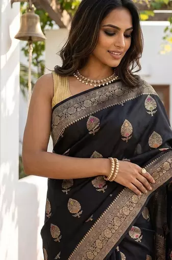 Black katan silk woven saree with blouse