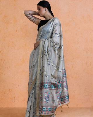 Grey woven design muga sarees with blouse piece 3