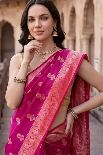 Rani pink katan silk woven saree with blouse