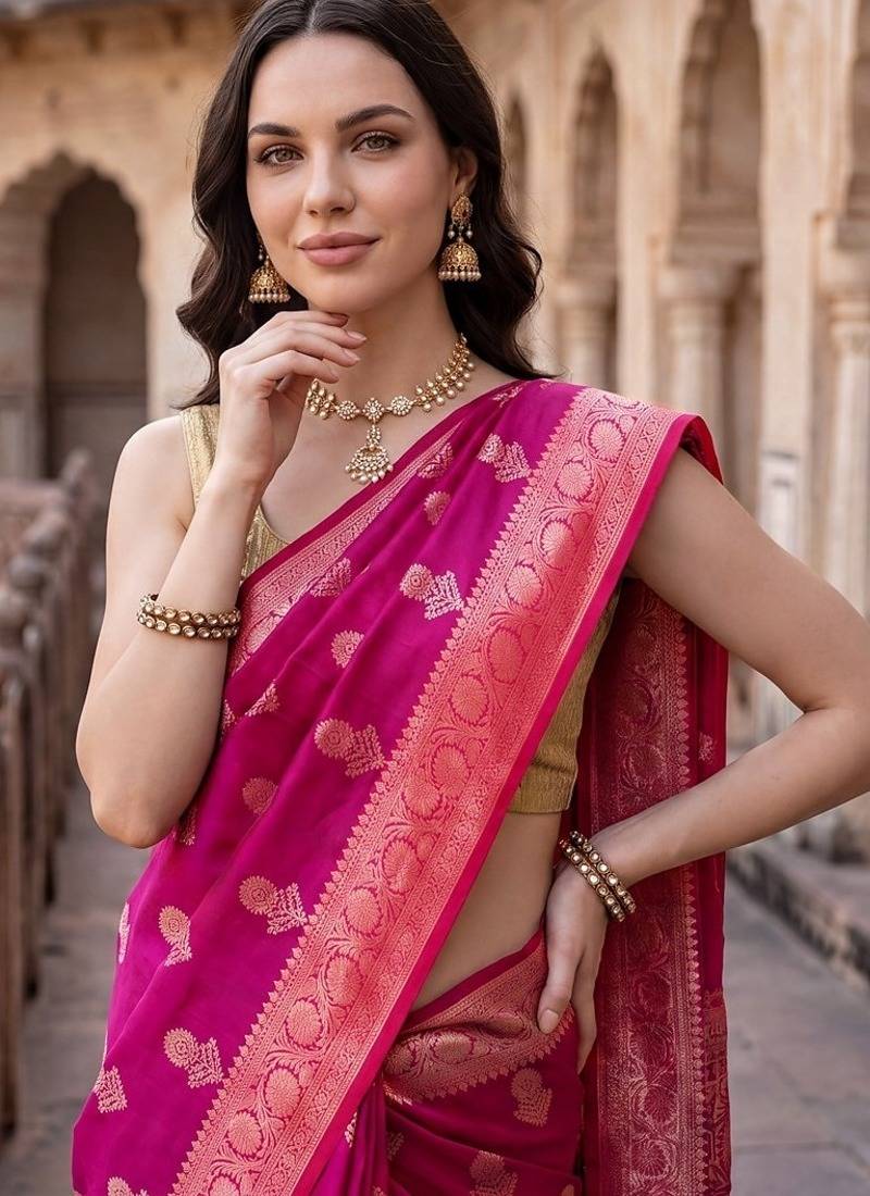 Rani pink katan silk woven saree with blouse