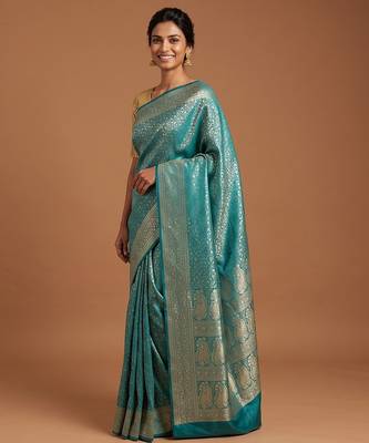 Sea green satin woven saree with blouse 2