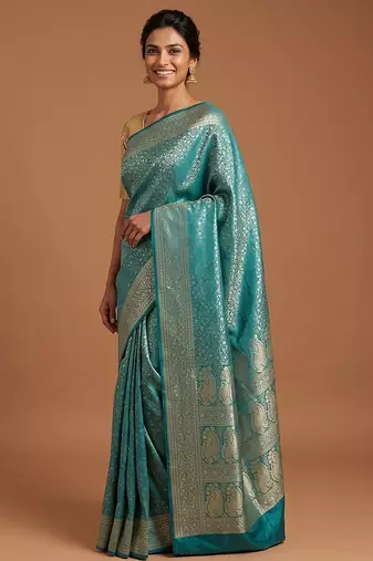 Sea green satin woven saree with blouse