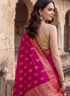 Rani pink katan silk woven saree with blouse 3