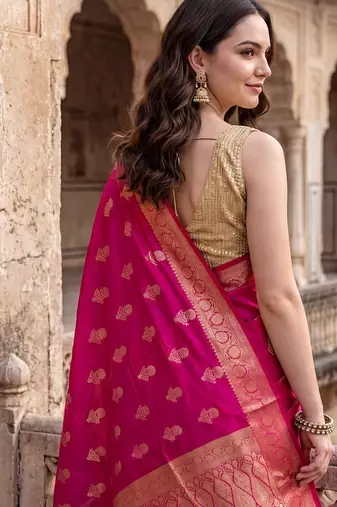 Rani pink katan silk woven saree with blouse