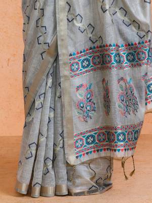 Grey woven design muga sarees with blouse piece 5