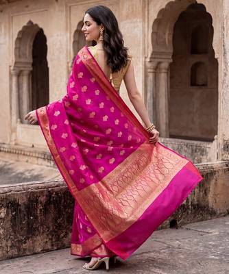 Rani pink katan silk woven saree with blouse 4