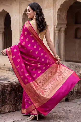 Rani pink katan silk woven saree with blouse