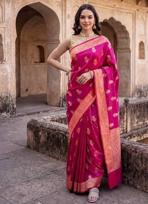Rani pink katan silk woven saree with blouse 1