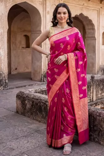 Rani pink katan silk woven saree with blouse