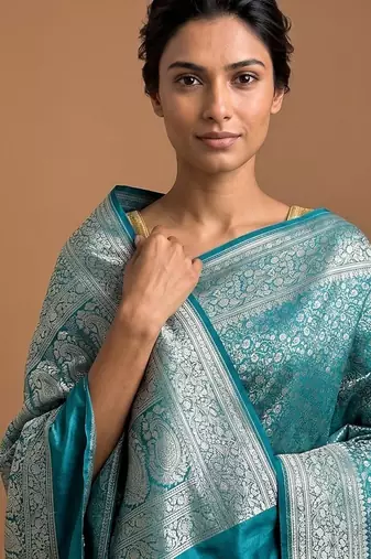 Sea green satin woven saree with blouse