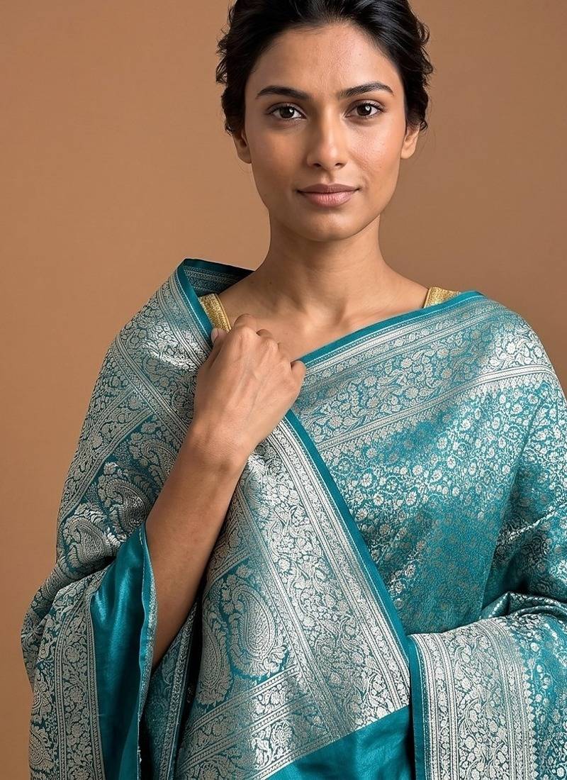 Sea green satin woven saree with blouse