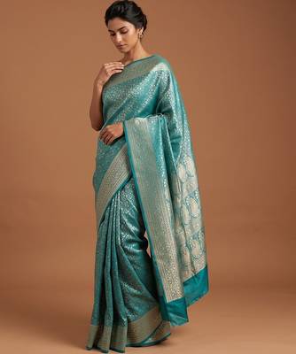 Sea green satin woven saree with blouse 1