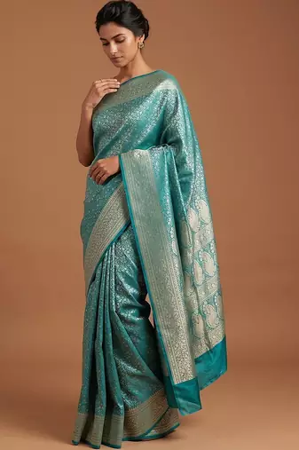 Sea green satin woven saree with blouse