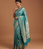 Sea green satin woven saree with blouse