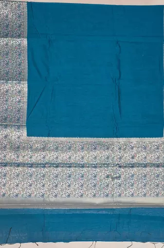 Peacock-blue blended cotton woven saree with blouse