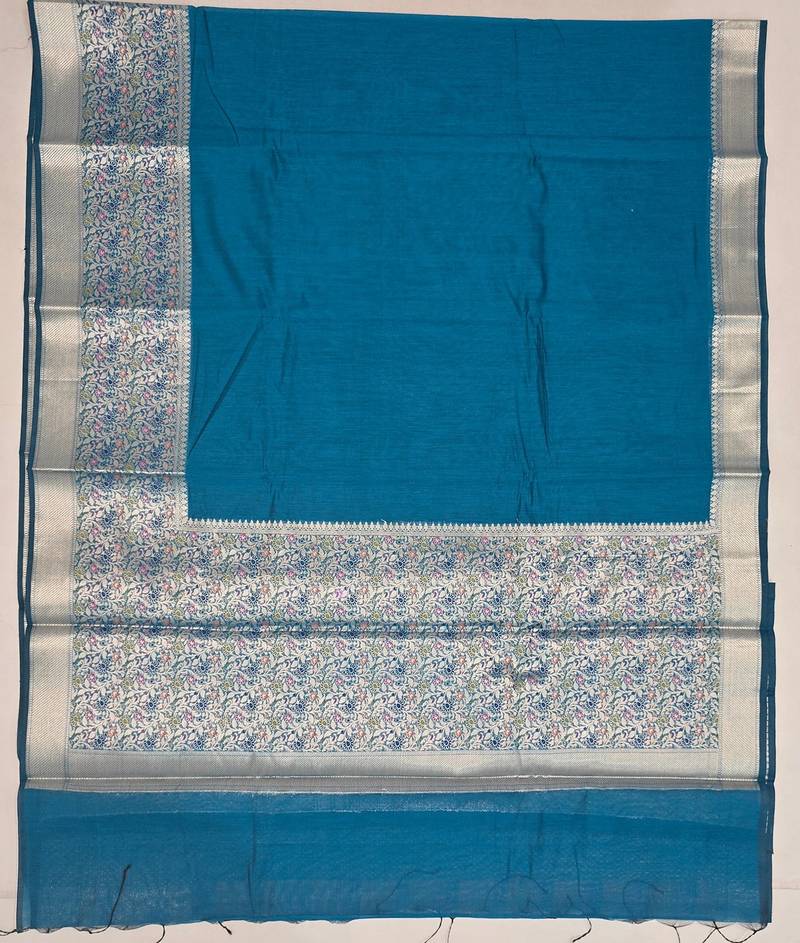Peacock-blue blended cotton woven saree with blouse