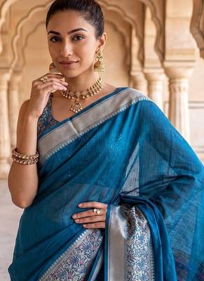 Peacock-blue blended cotton woven saree with blouse 3