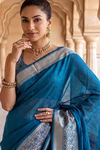 Peacock-blue blended cotton woven saree with blouse