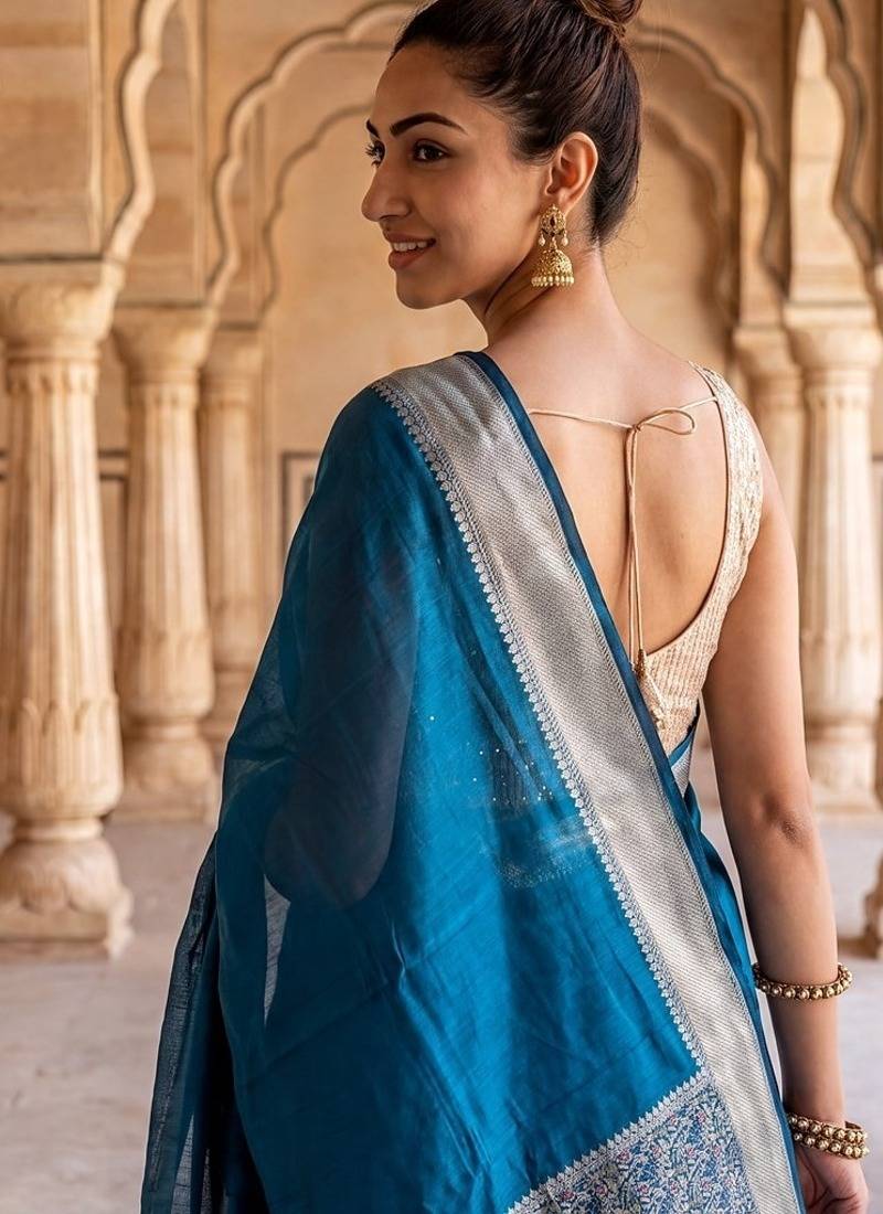 Peacock-blue blended cotton woven saree with blouse