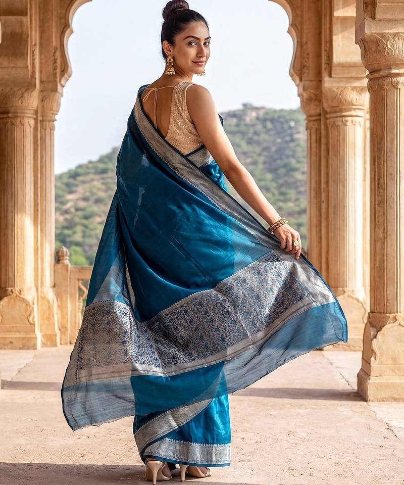 Peacock-blue blended cotton woven saree with blouse