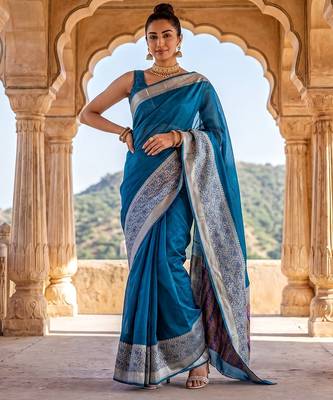Peacock-blue blended cotton woven saree with blouse 1