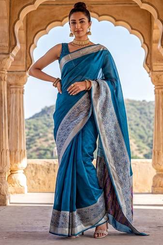 Peacock-blue blended cotton woven saree with blouse
