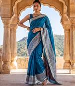 Peacock-blue blended cotton woven saree with blouse