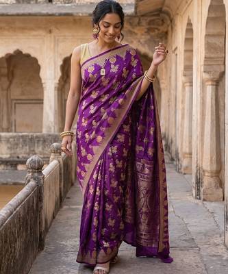 Purple silk blend woven saree with blouse 1