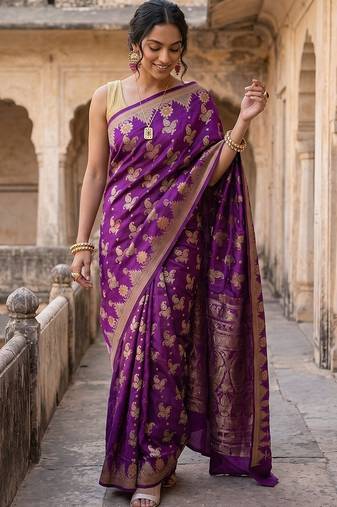 Purple silk blend woven saree with blouse