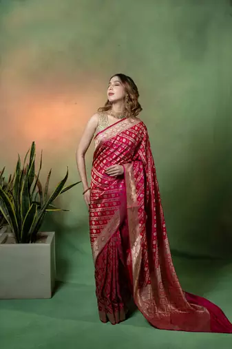Rani pink satin woven saree with blouse