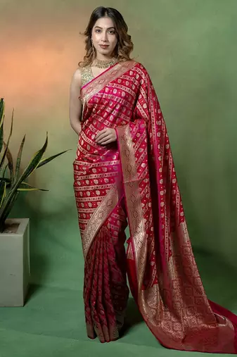Rani pink satin woven saree with blouse