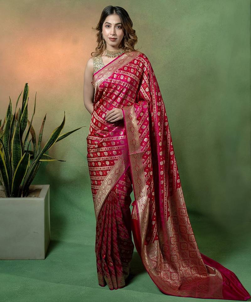 Rani pink satin woven saree with blouse