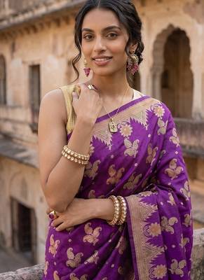 Purple silk blend woven saree with blouse 2
