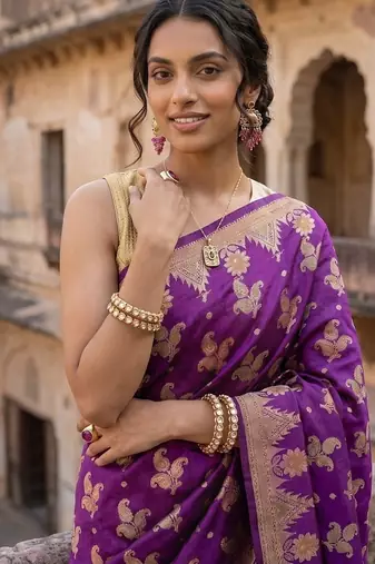 Purple silk blend woven saree with blouse