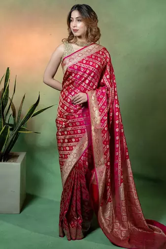 Rani pink satin woven saree with blouse