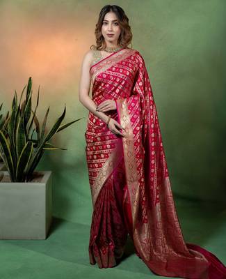 Rani pink satin woven saree with blouse 4